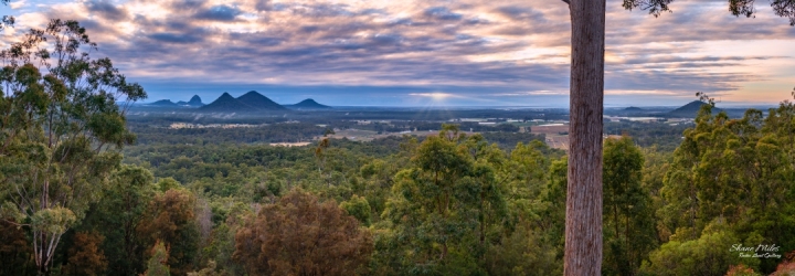 View from  Uluramaya Retreat overlooking the Glass House Mountains, Queensland Australia.